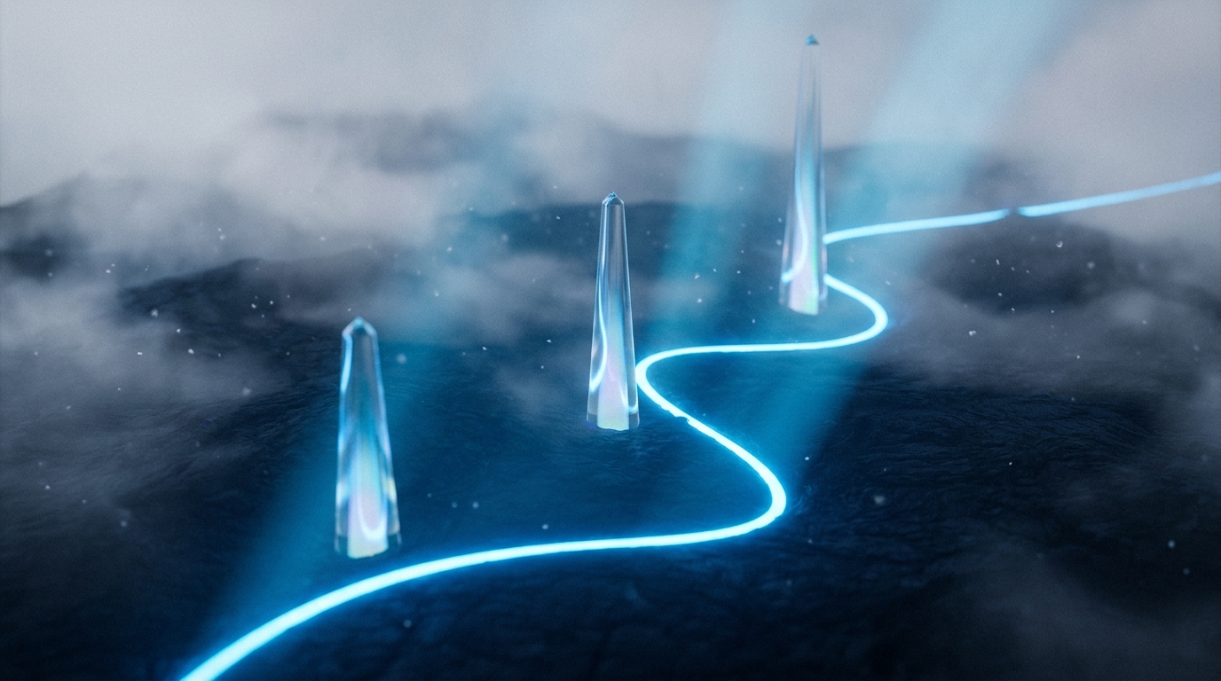 Three luminous waypoints along a pathway unfolding across dark navy terrain