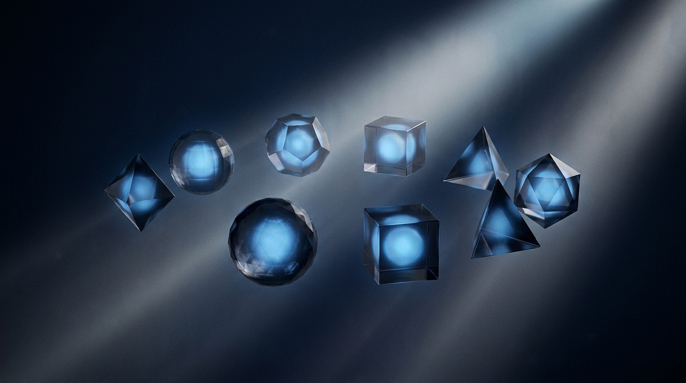 Six faceted crystal orbs in a ring, each a different geometric form