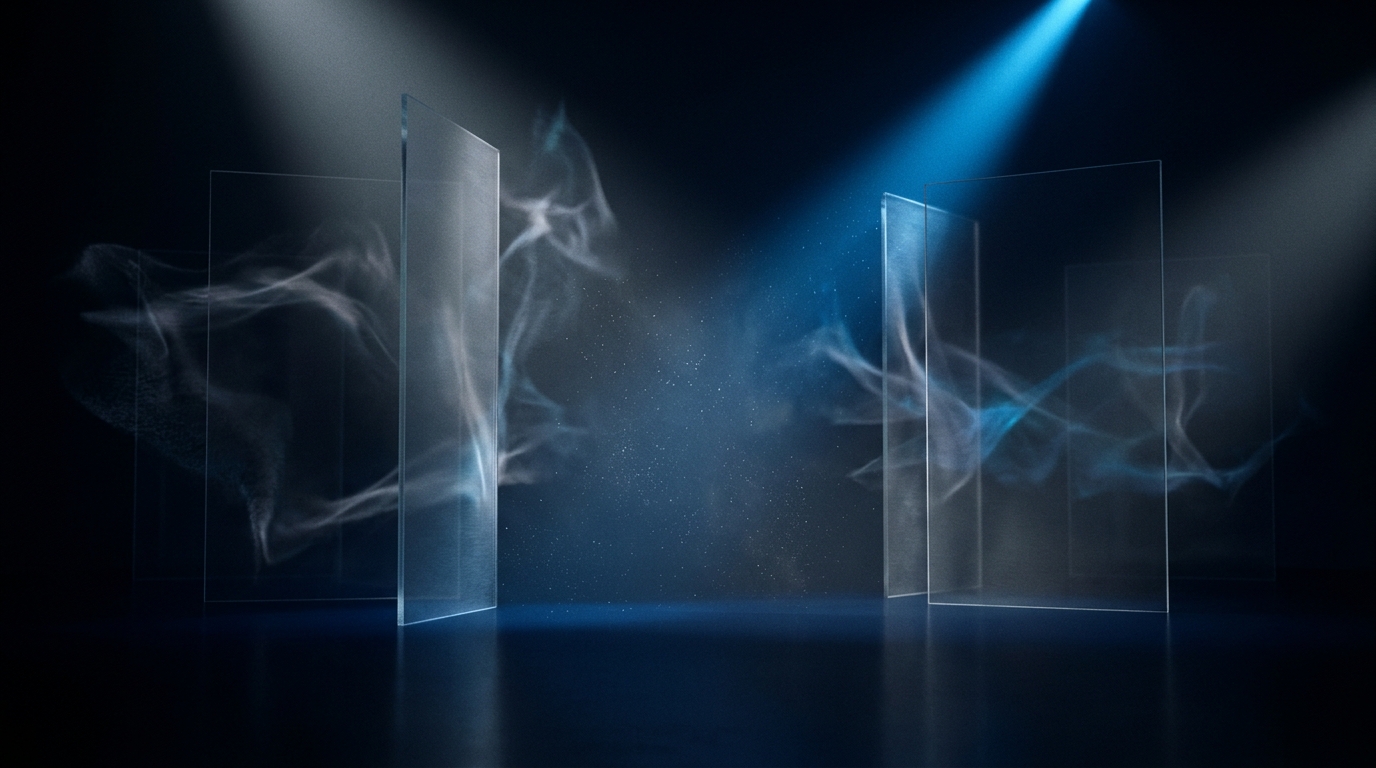 Empty glass panels on a dim theatrical stage evoking staged AI demos