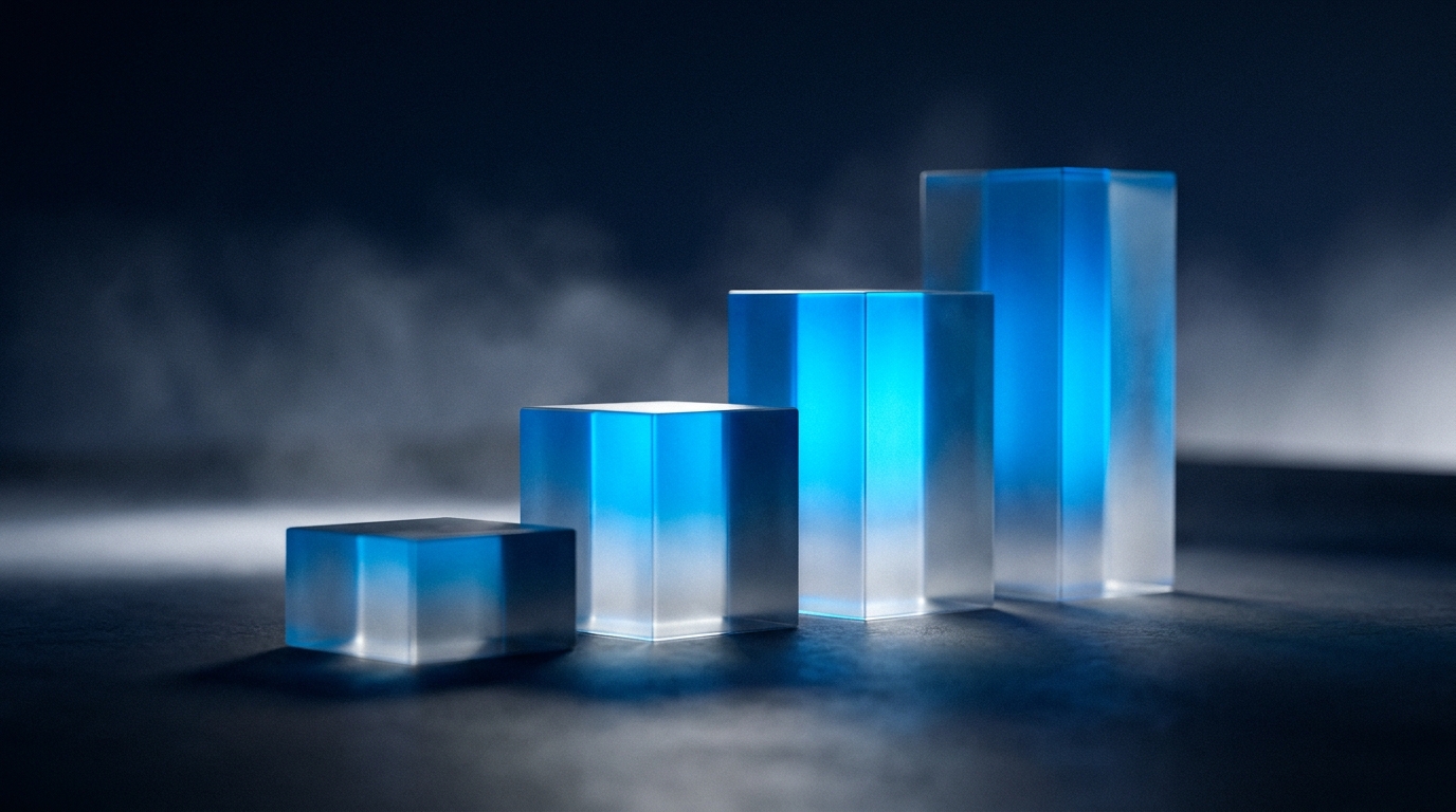 Four sequential stepped blocks rising from left to right, each illuminated in azure