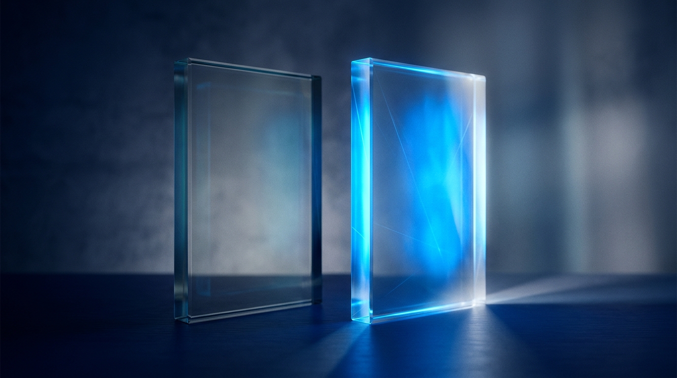 Two glass panels side by side, one dim and one vividly illuminated, evoking control vs treatment