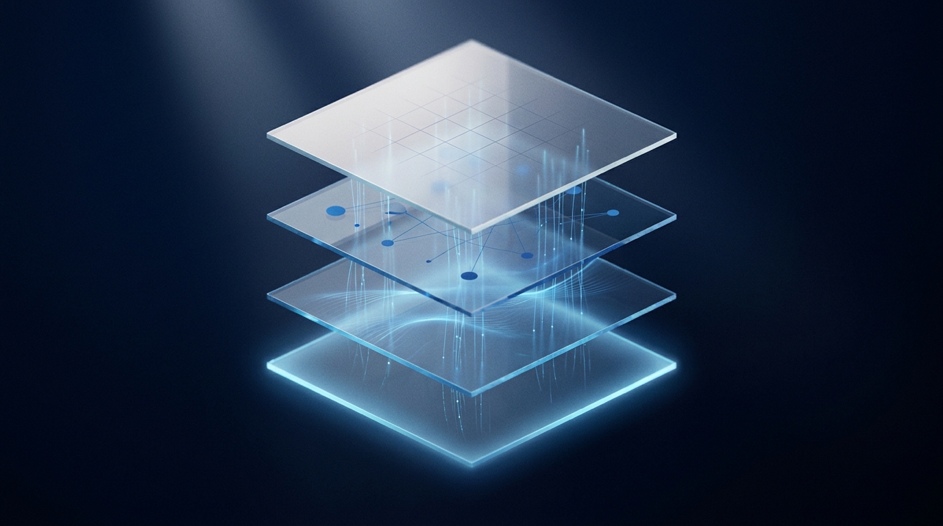 Four translucent stacked planes with azure data streams flowing between them